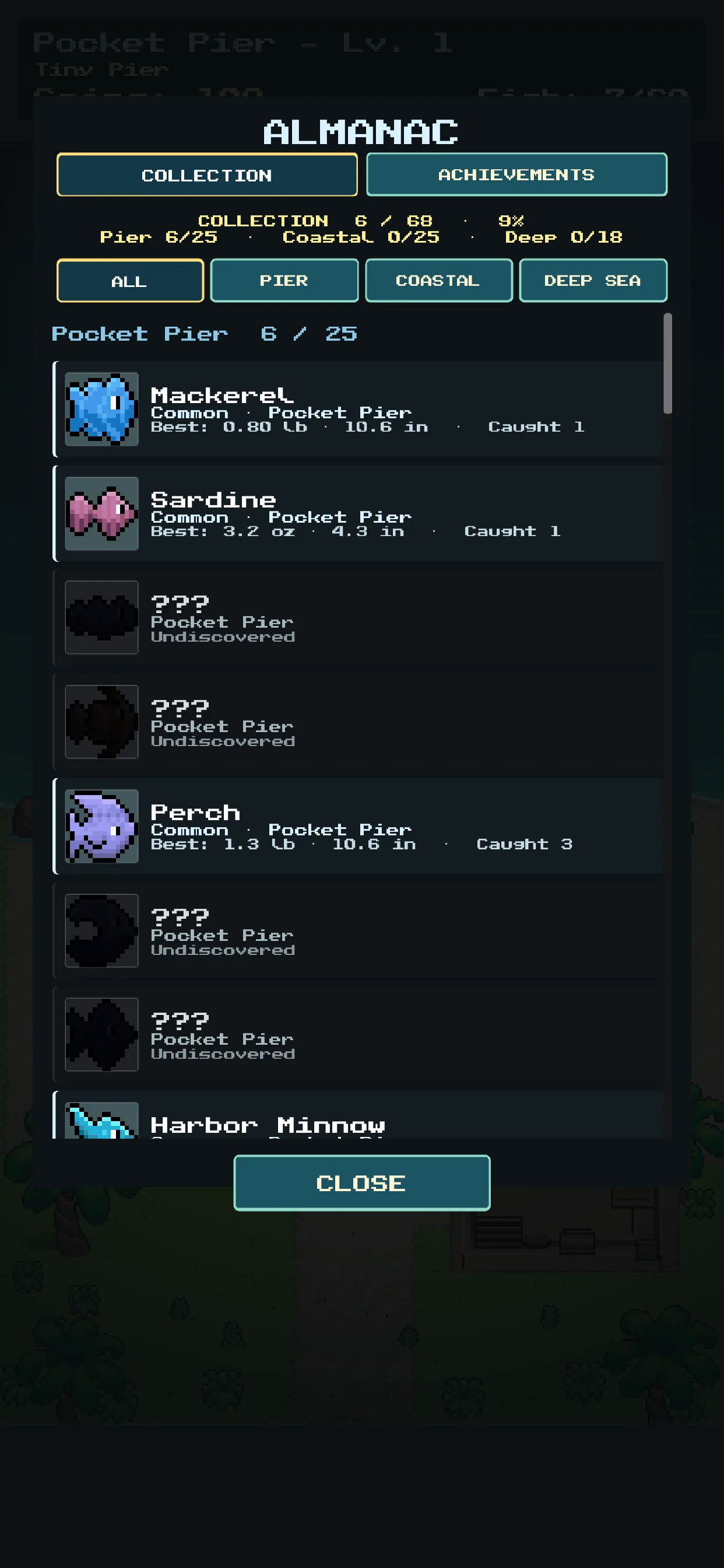 Almanac collection screen showing discovered fish and region filters