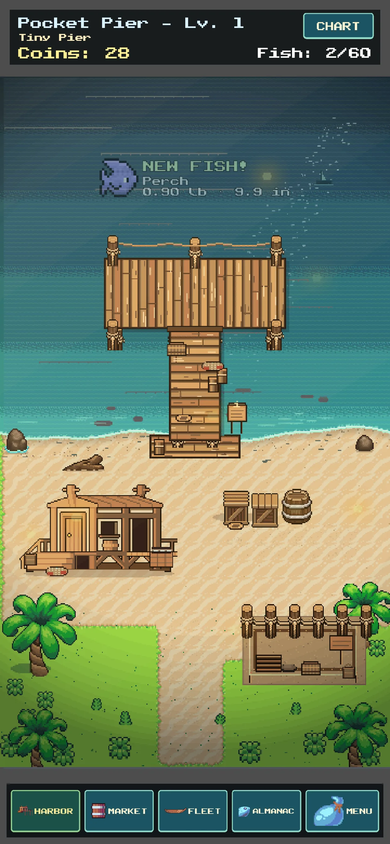 Harbor view with a T-shaped pier, Tiny Pier, and a new Perch catch